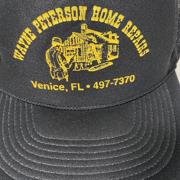 Vtg Nissin Snapback Black Trucker Hat Mesh Foam Cap Wayne Peterson Home Repairs - Picture 2 of 5